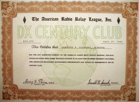 DX Century Club certificate, 1990, certificate issued to Kenneth P. Elsberry, WD4ERM.
