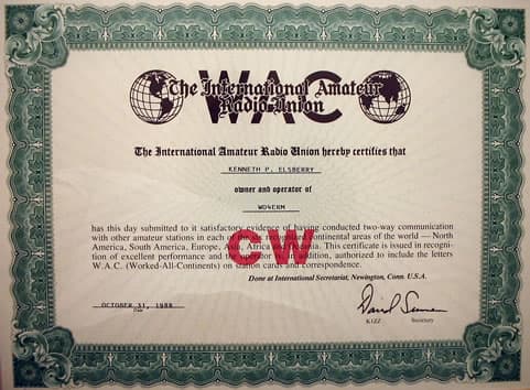 Worked All Continents certificate, 1988, certificate issued to Kenneth P. Elsberry, WD4ERM.