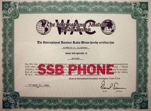 Worked All Continents SSB Phone endorsement, 1988, certificate issued to Kenneth P. Elsberry, WD4ERM.