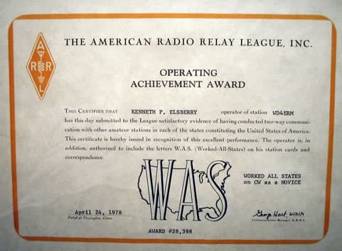 Worked All States CW as Novice, 1978, certificate issued to Kenneth P. Elsberry, WD4ERM.