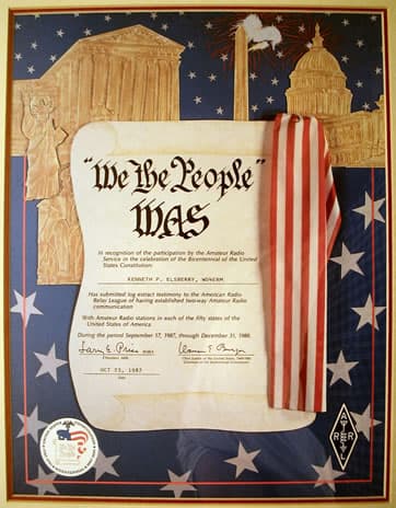 We the People Worked All States certificate, 1987, certificate issued to Kenneth P. Elsberry, WD4ERM.