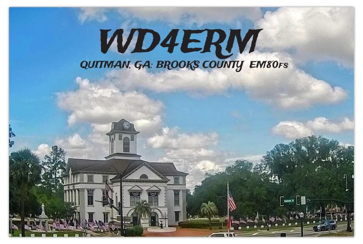 Brooks County courthouse in Quitman, Georgia, as shown on the WD4ERM QSL card